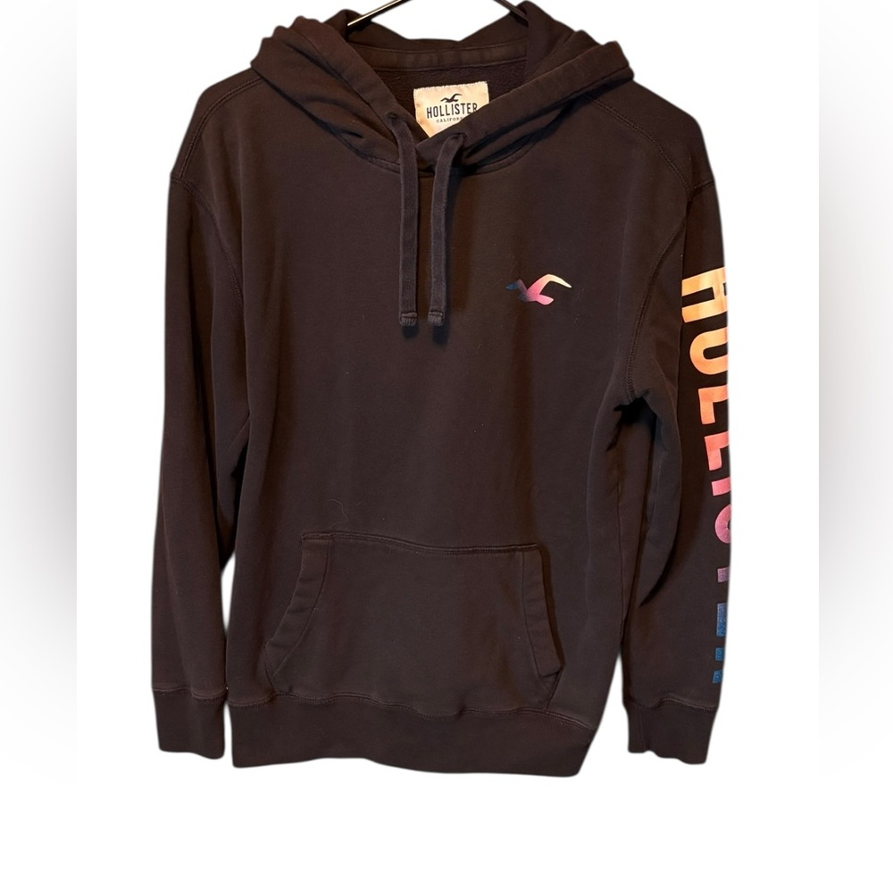 Hollister Black Logo Hoodie Sleeve Graphic Pullover Sweatshirt Size Medium
